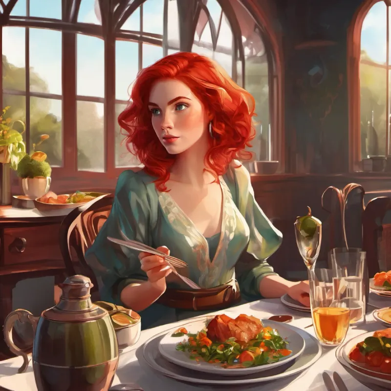 Red-haired, imaginative girl with bright eyes and fair skin talks over dinner to prove her worth.