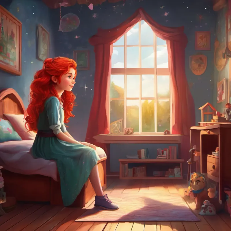 Red-haired, imaginative girl with bright eyes and fair skin's hopeful wish in her new room.