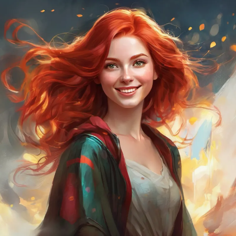 Red-haired, imaginative girl with bright eyes and fair skin's adjustment, bringing joy and laughter.