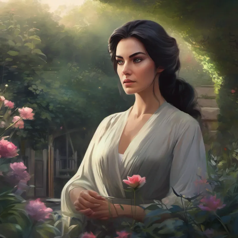 A silent, bonding moment with Stern-looking woman with sharp eyes and dark hair in the garden.