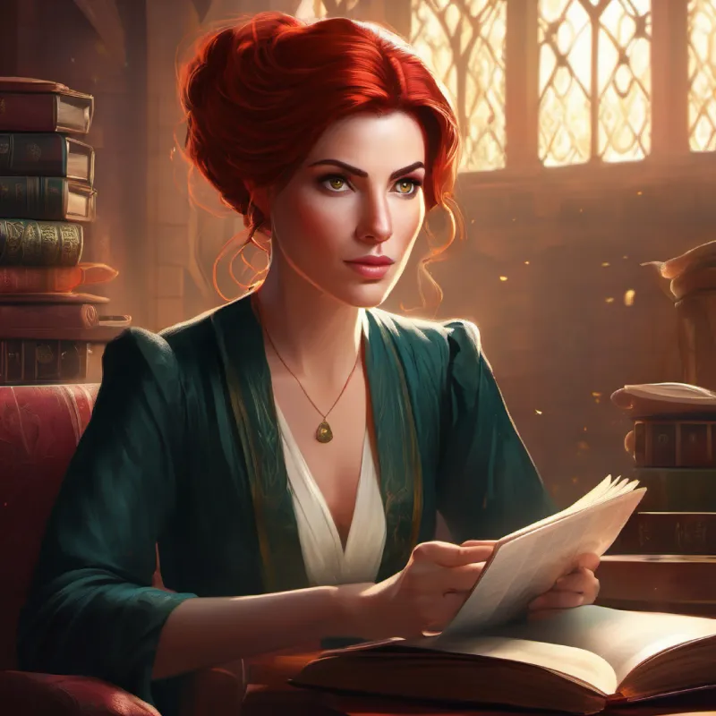 Shared story time with Stern-looking woman with sharp eyes and dark hair, Red-haired, imaginative girl with bright eyes and fair skin's narrations.