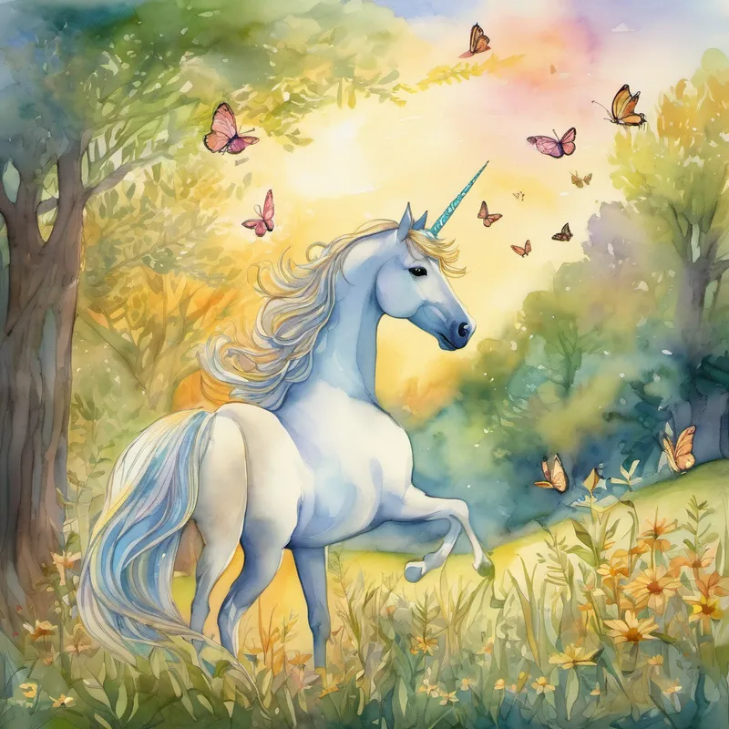 Moving further along the path, the friends emerged onto a breathtaking meadow filled with enchanting creatures. Butterflies fluttered around them, squirrels chattered from the trees, and rabbits hopped playfully through the tall grass. But what caught their attention the most was a magnificent unicorn named Sparkle. Sparkle's coat shimmered in shades of gold, and her horn glowed with wisdom. She gracefully approached Lily and Avenger, her voice filled with warmth. "Greetings, young adventurers! I've been waiting for you both. I sense bravery and kindness in your hearts. Are you ready for an extraordinary quest?"