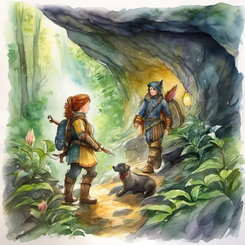 Determined to help, Lily and Avenger joined forces with Sparkle and set off on their daring mission. With each step, the forest whispered its gratitude, encouraging them to be brave. Entering the Forbidden Cave, Lily held Avenger's paw tightly as Sparkle cast a light that illuminated their path. Suddenly, they heard a mysterious voice coming from deep within the cave, "Who dares intrude upon our treasure?"