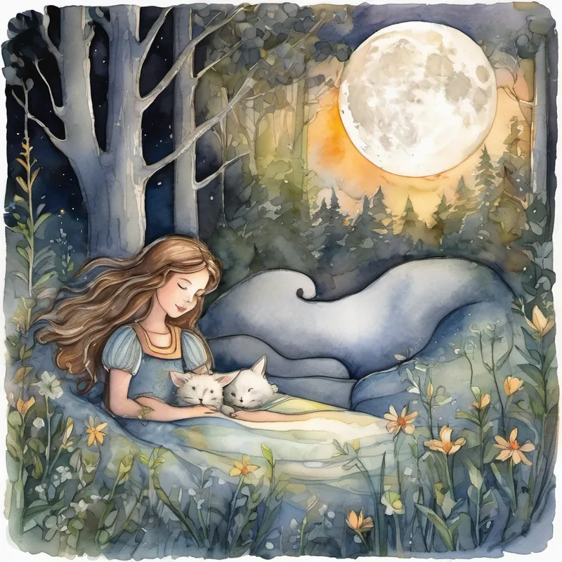 With their mission complete, Lily, Avenger, and Sparkle bid farewell to the forest, knowing they had made a difference. As they returned home, the moon began to rise, casting a gentle glow over everything. Lily snuggled into her warm bed, Avenger curled up at her feet, and Sparkle appeared once more, turning into a delicate nightlight. She whispered, "Sleep well, my brave friends. Remember, every adventure begins with a kind heart."