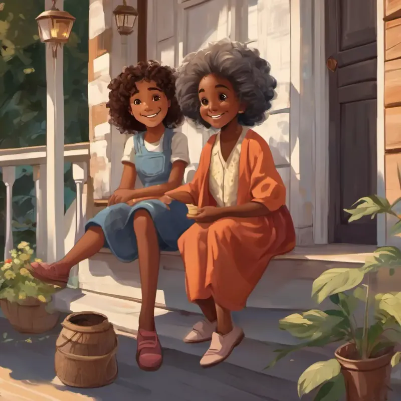 A little black girl with curly hair and a big smile and An old lady with kind eyes and wrinkled hands sitting together on a porch with fabric, needles, and thread.