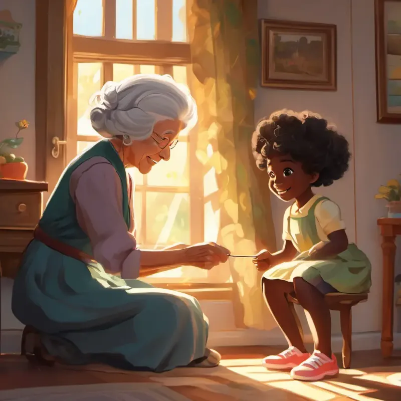 An old lady with kind eyes and wrinkled hands helping A little black girl with curly hair and a big smile thread a needle with sunlight shining through the window.