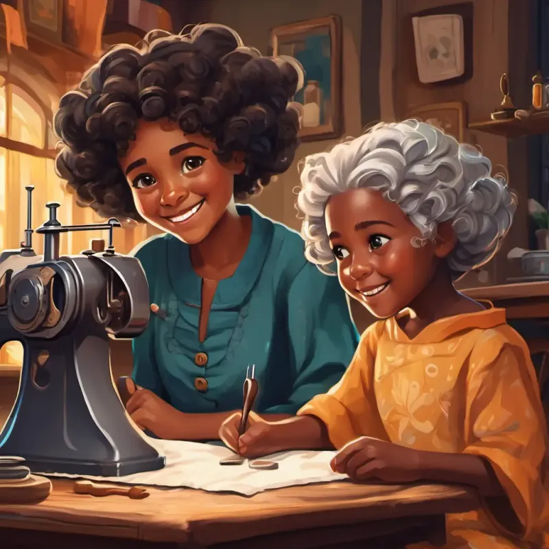 A little black girl with curly hair and a big smile and An old lady with kind eyes and wrinkled hands sitting at a table with fabric, scissors, and a sewing machine.