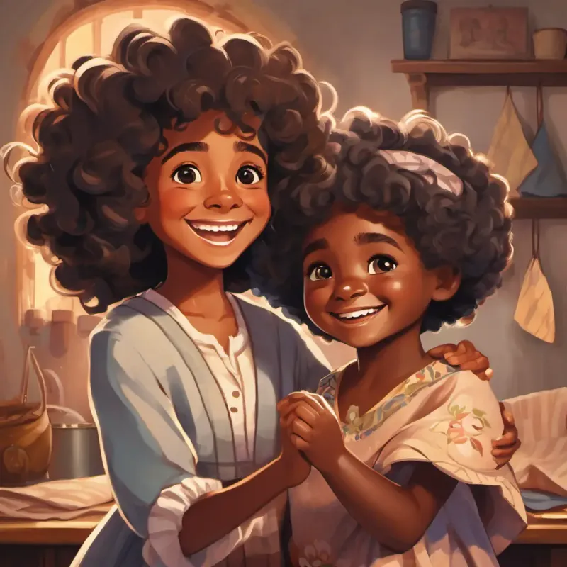 A little black girl with curly hair and a big smile holding up her sewn fabric with a big smile, while An old lady with kind eyes and wrinkled hands claps and embraces her.