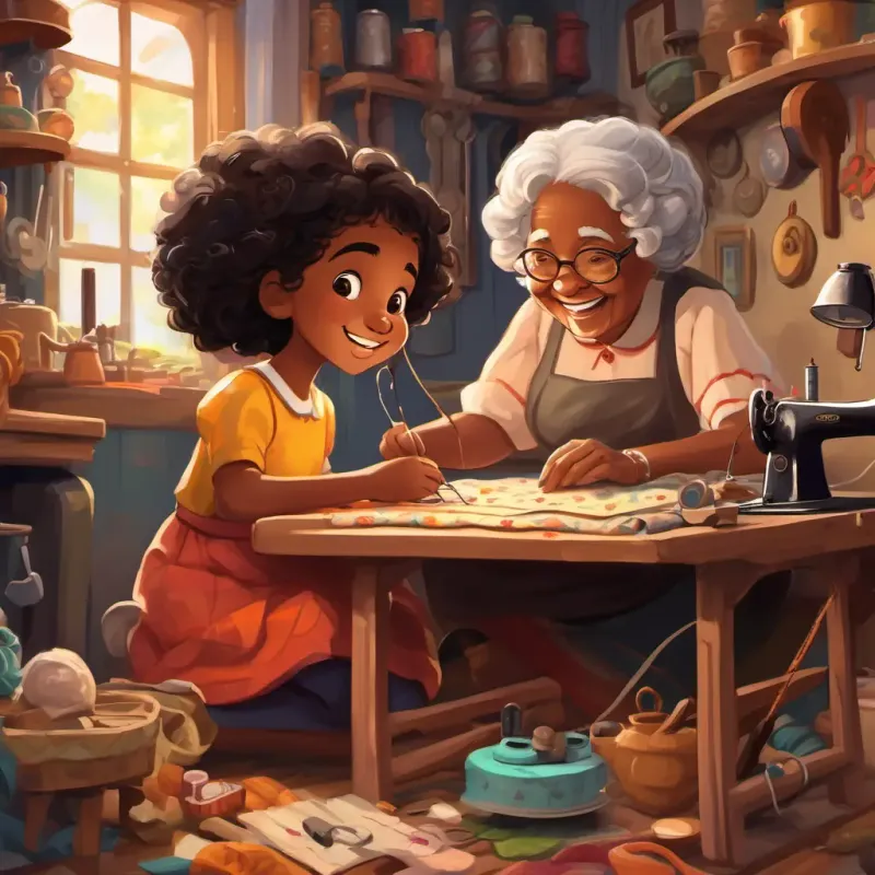 A little black girl with curly hair and a big smile and An old lady with kind eyes and wrinkled hands surrounded by various sewing projects, happily sewing and enjoying each other's company.