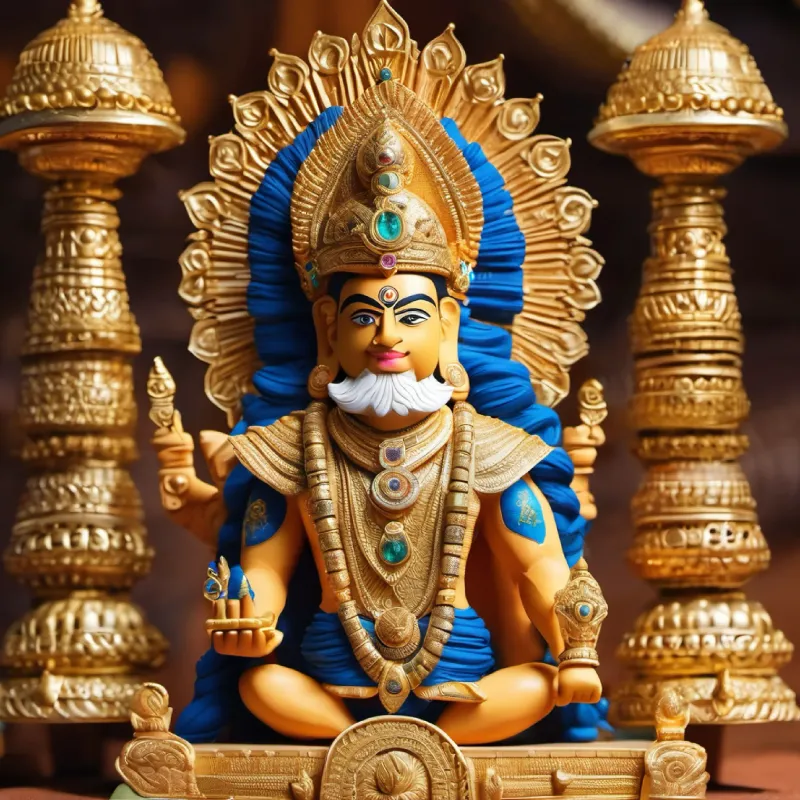 "Create an image of King Mahabali, adorned in intricate golden armor that shines with the brilliance of a thousand suns. His helmet, also gold, is embellished with precious stones, and a large, majestic plume rises from it.