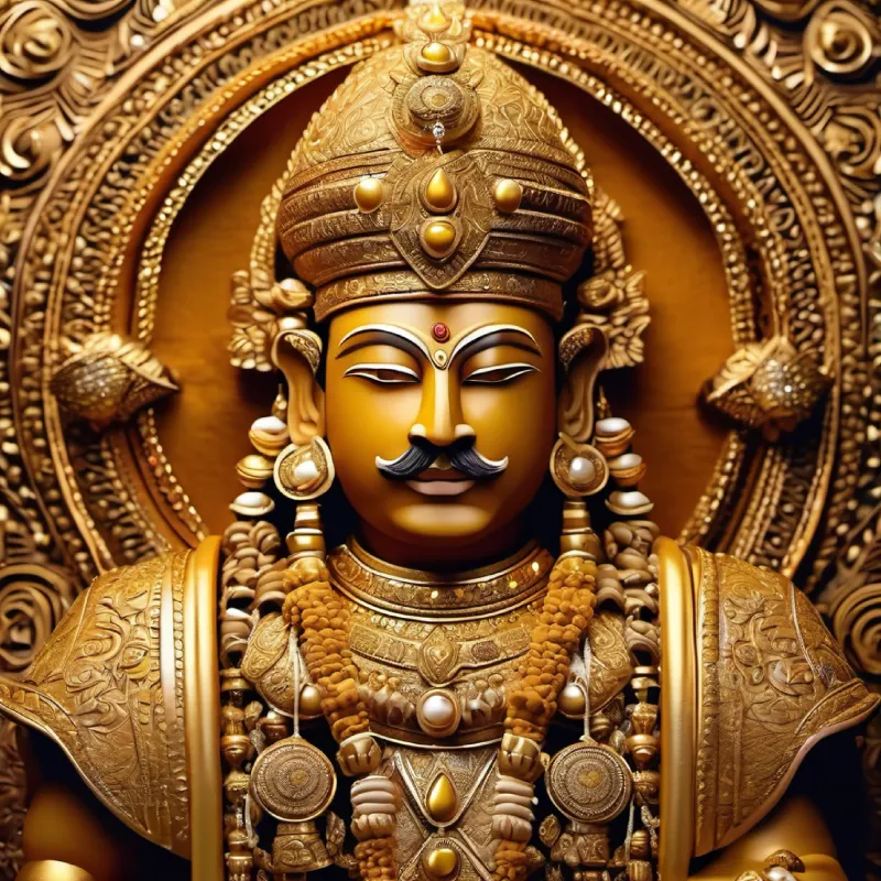 "Create an image of King Mahabali, adorned in intricate golden armor that shines with the brilliance of a thousand suns. His helmet, also gold, is embellished with precious stones, and a large, majestic plume rises from it.
