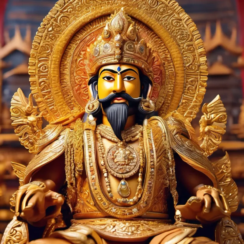 "Create an image of King Mahabali, adorned in intricate golden armor that shines with the brilliance of a thousand suns. His helmet, also gold, is embellished with precious stones, and a large, majestic plume rises from it.