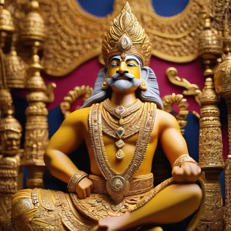 "Create an image of King Mahabali, adorned in intricate golden armor that shines with the brilliance of a thousand suns. His helmet, also gold, is embellished with precious stones, and a large, majestic plume rises from it.