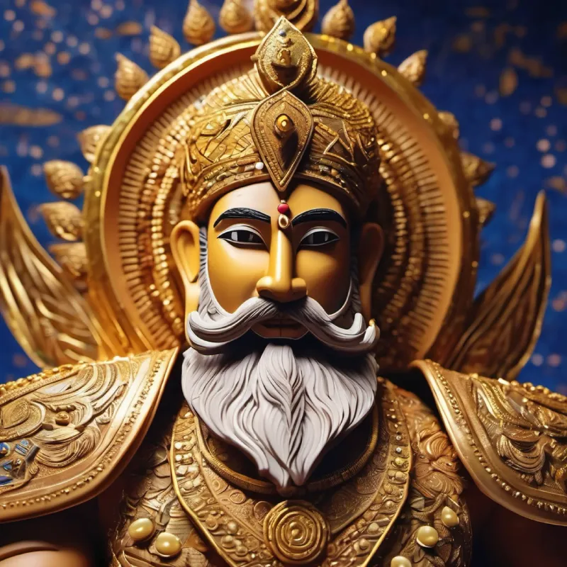 "Create an image of King Mahabali, adorned in intricate golden armor that shines with the brilliance of a thousand suns. His helmet, also gold, is embellished with precious stones, and a large, majestic plume rises from it.