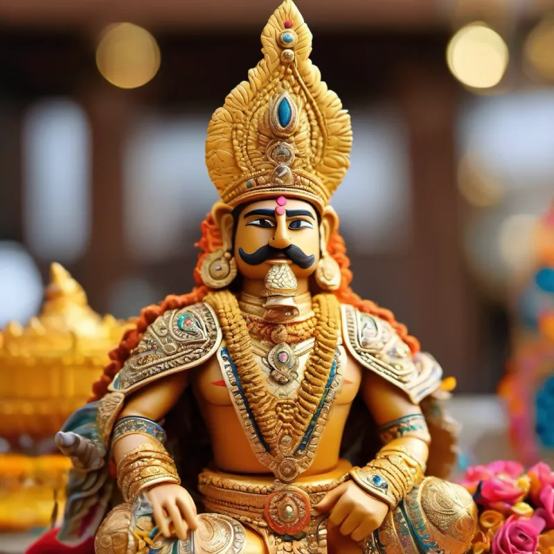 "Create an image of King Mahabali, adorned in intricate golden armor that shines with the brilliance of a thousand suns. His helmet, also gold, is embellished with precious stones, and a large, majestic plume rises from it.