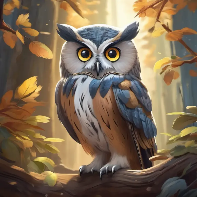 Meeting the The wise old owl has big, round eyes and feathers with a touch of gray and learning about the treasure hunt.