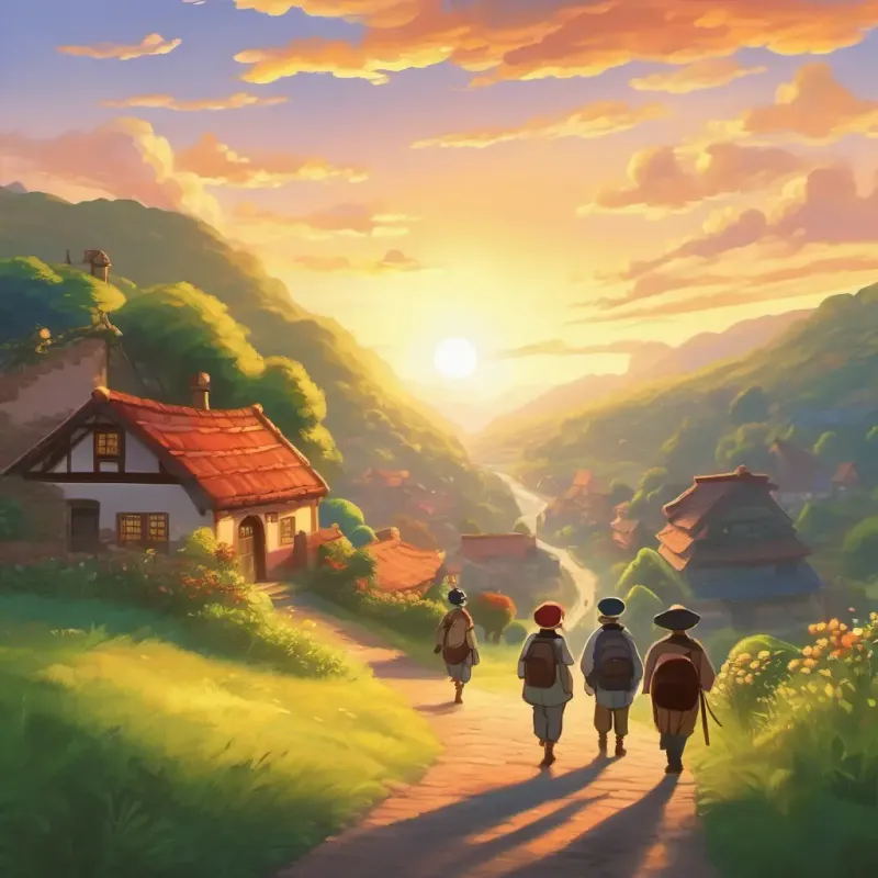 Introduction of characters, sunrise departure from village.