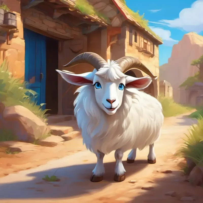 Sturdy goat, white coat, inquisitive blue eyes shows enthusiasm, dusty path, imagined adventures.
