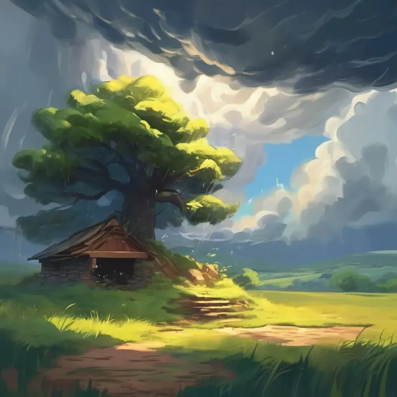 Sudden storm hits, seeking shelter at the well.
