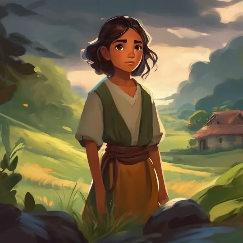 Caught in storm, Brave girl with olive skin, determined brown eyes's wish at the well.