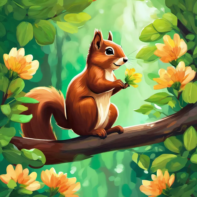 A small brown squirrel with bright green eyes and a bushy tail sitting on a branch, surrounded by trees and flowers