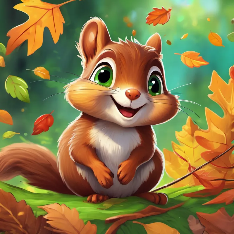 A small brown squirrel with bright green eyes and a bushy tail looking amazed at Elastic A colorful rubber band with a friendly smile and googly eyes, surrounded by fallen leaves