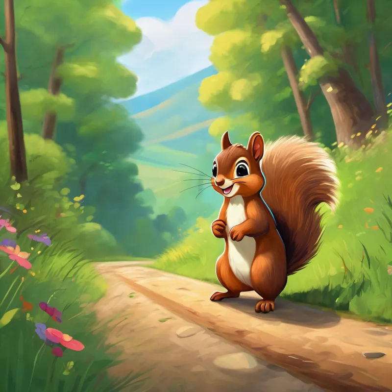 A small brown squirrel with bright green eyes and a bushy tail and A colorful rubber band with a friendly smile and googly eyes walking side by side, with a trail leading into the distance