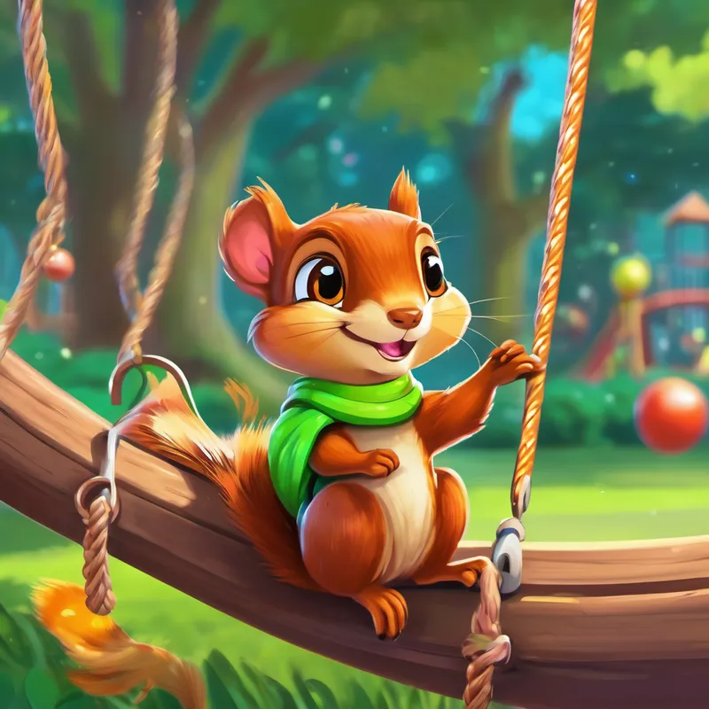 A small brown squirrel with bright green eyes and a bushy tail and A colorful rubber band with a friendly smile and googly eyes on a swing, with other squirrels playing on the playground
