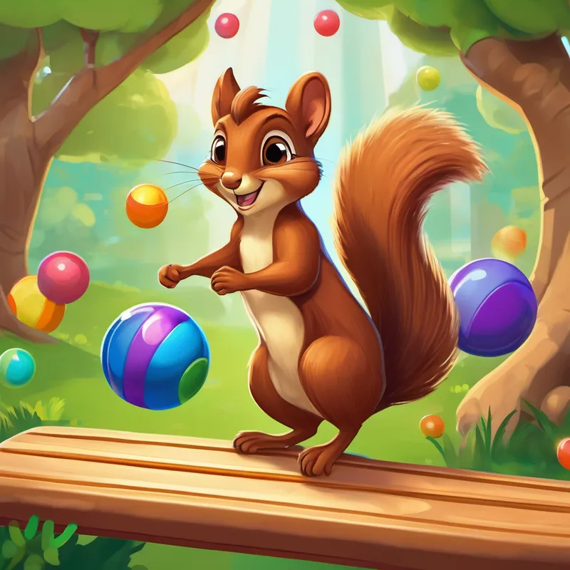 A small brown squirrel with bright green eyes and a bushy tail and A colorful rubber band with a friendly smile and googly eyes watching kangaroos on trampolines, surrounded by bouncing balls