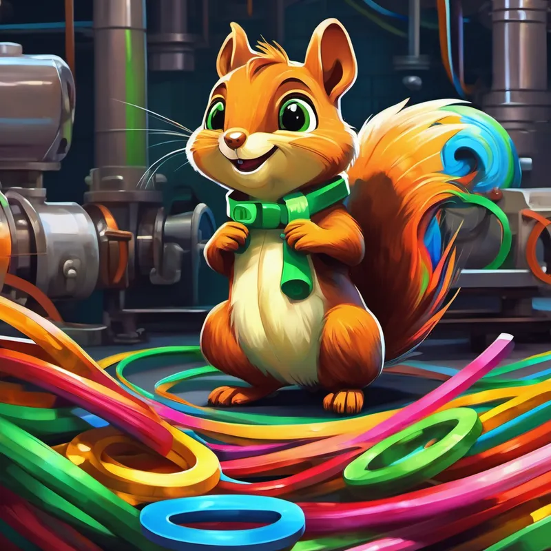 A small brown squirrel with bright green eyes and a bushy tail and A colorful rubber band with a friendly smile and googly eyes watching machines at a factory, surrounded by rubber bands of different colors