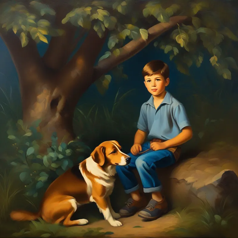 A boy with brown hair, wearing a blue shirt and jeans. and the injured dog, under a tree.
