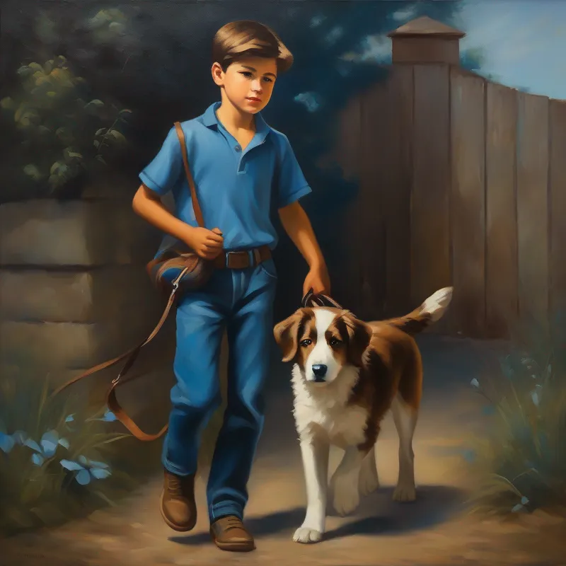A boy with brown hair, wearing a blue shirt and jeans. carrying the injured dog to his home.