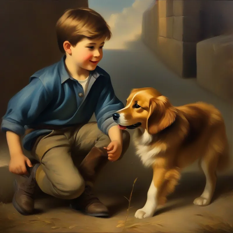 A boy with brown hair, wearing a blue shirt and jeans. and A dog with golden fur and a wounded leg. playing together, happy and wagging tail.