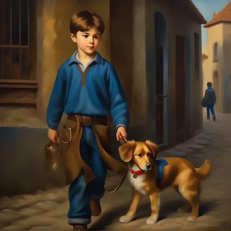 A boy with brown hair, wearing a blue shirt and jeans. and A dog with golden fur and a wounded leg. going to the veterinarian's clinic.