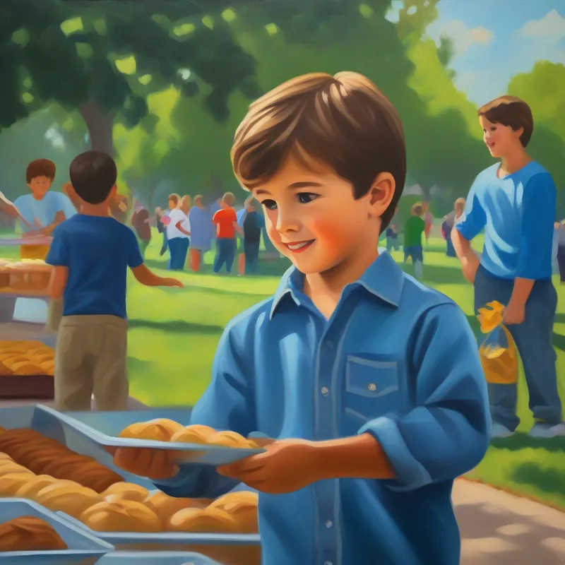 A boy with brown hair, wearing a blue shirt and jeans. organizing a bake sale in the park.