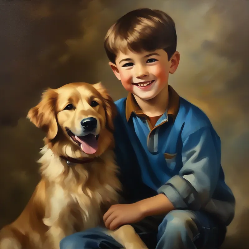 A boy with brown hair, wearing a blue shirt and jeans. and A dog with golden fur and a wounded leg. smiling, showing a healthy and playful dog.