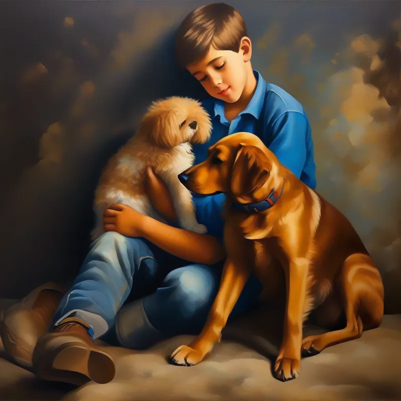 A boy with brown hair, wearing a blue shirt and jeans. and A dog with golden fur and a wounded leg. hugging, symbolizing their strong bond of friendship.