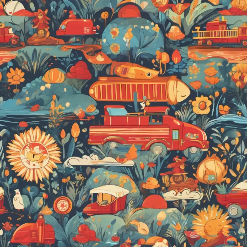 three anthropomorphic colors, anthropomorphic color Red, vibrant like a firetruck, cheerful and bold (like a firetruck), anthropomorphic color Yellow, glowing like the sun, warm and lively (like the sun), and anthropomorphic color Blue, cool like a stream, calm and soothing (like a stream) on a whimsical adventure
