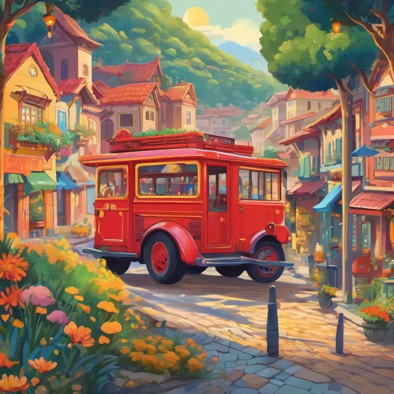 anthropomorphic color Red, vibrant like a firetruck, cheerful and bold, anthropomorphic color Yellow, glowing like the sun, warm and lively, and anthropomorphic color Blue, cool like a stream, calm and soothing hand in hand, setting off from a colorful town into a vibrant, magical landscape