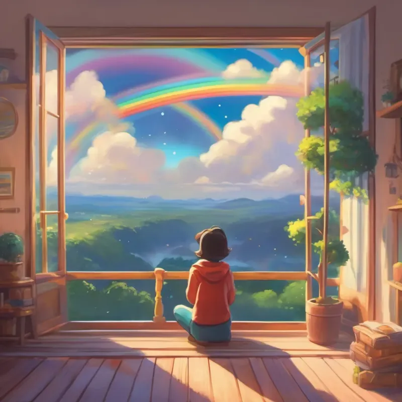 three colors gazing at the sky, watching a rainbow, symbolizing their friendship and adventures