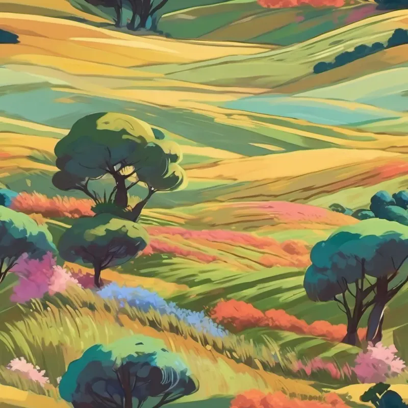 three colors running and tumbling through a vibrant field and over a hill, with a lively breeze and soft earthy tones