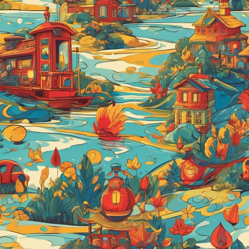 anthropomorphic color Red, vibrant like a firetruck, cheerful and bold, anthropomorphic color Yellow, glowing like the sun, warm and lively, and anthropomorphic color Blue, cool like a stream, calm and soothing diving into a shimmering lake, creating vibrant ripples and splashes