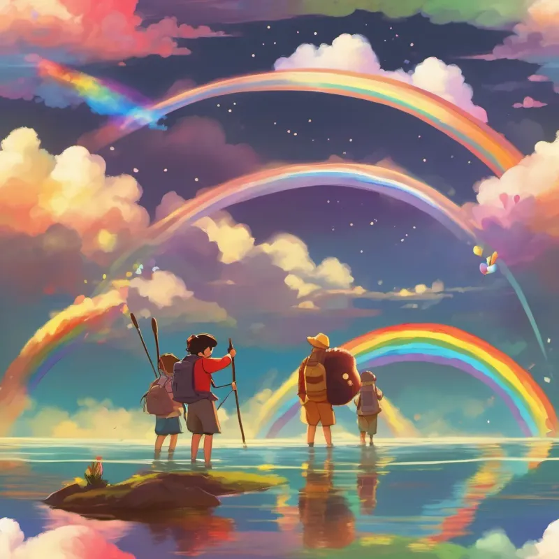 three colorful characters emerging from a lake, spotting a bright rainbow in the sky and heading towards it