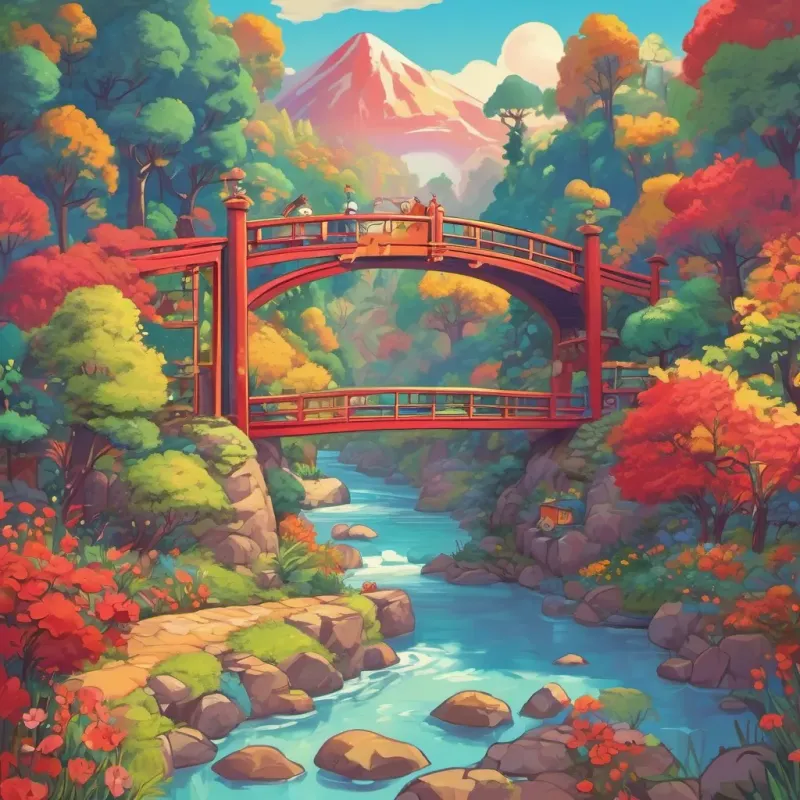 anthropomorphic color Red, vibrant like a firetruck, cheerful and bold, anthropomorphic color Yellow, glowing like the sun, warm and lively, and anthropomorphic color Blue, cool like a stream, calm and soothing climbing a rainbow bridge leading to a fantastical, colorful land