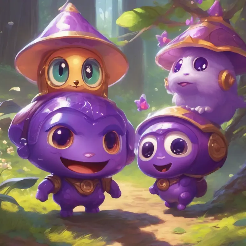 a small, cheerful purple sprite named a small, cheerful purple sprite with magical guiding abilities meeting the three characters and inviting them to explore