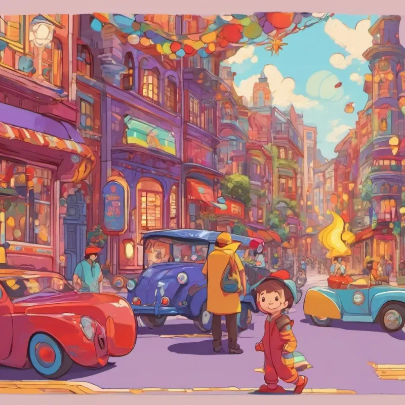 the purple sprite giving a piece of rainbow to anthropomorphic color Red, vibrant like a firetruck, cheerful and bold, anthropomorphic color Yellow, glowing like the sun, warm and lively, and anthropomorphic color Blue, cool like a stream, calm and soothing as a keepsake