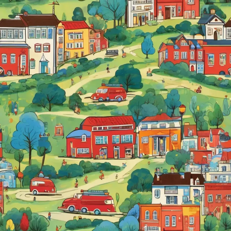 anthropomorphic color Red, vibrant like a firetruck, cheerful and bold, anthropomorphic color Yellow, glowing like the sun, warm and lively, and anthropomorphic color Blue, cool like a stream, calm and soothing returning to their colorful town, smiling and remembering their adventure