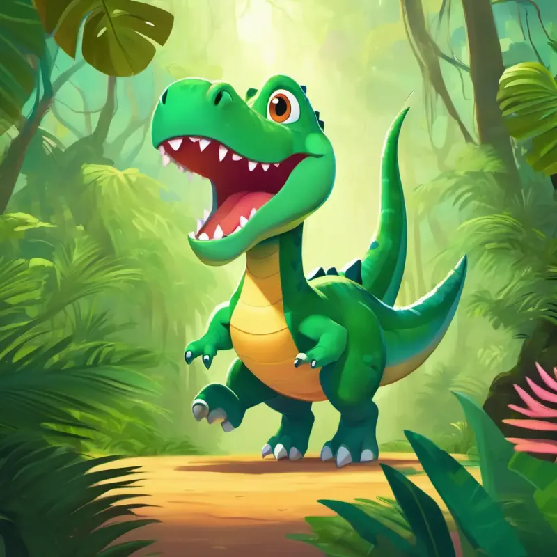 The jungle is filled with colorful plants and towering trees. A playful, green dinosaur with a big smile and twinkling eyes, a green and playful dinosaur, jumps around with excitement.