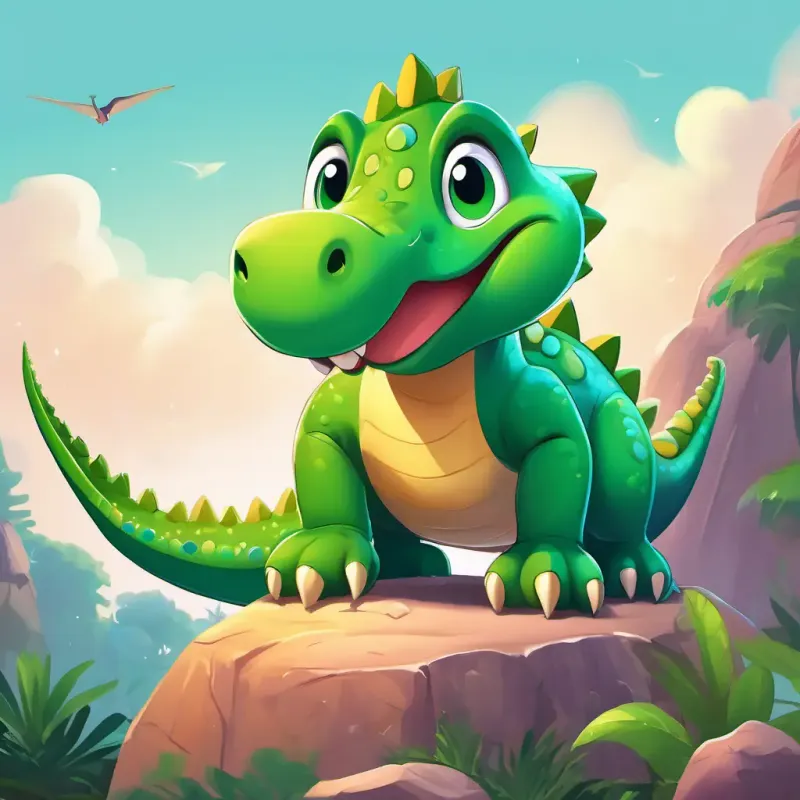 A playful, green dinosaur with a big smile and twinkling eyes stands on a big rock and sends out loud roars to invite his friends. His friends, colorful and lively dinosaurs of different shapes and sizes, receive his invitation with joy.