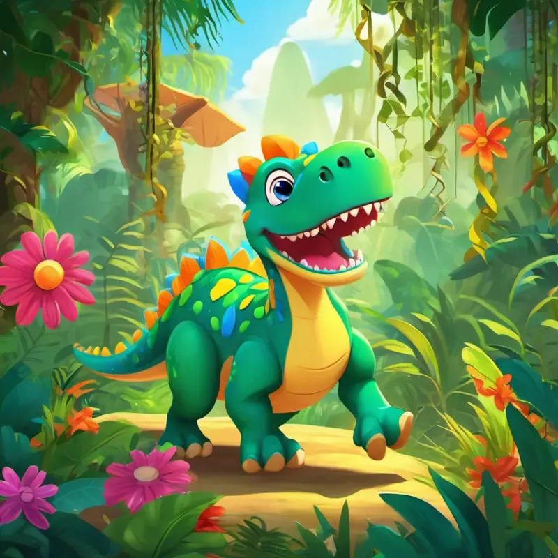 The jungle clearing is decorated with vibrant flowers and hanging vines. A playful, green dinosaur with a big smile and twinkling eyes's friends, with big smiles and twinkling eyes, play games and sing happy songs.